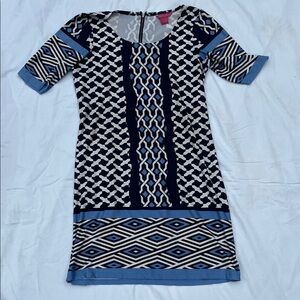 Sunny Leigh Navy, Blue & White Geometric Midi Dress